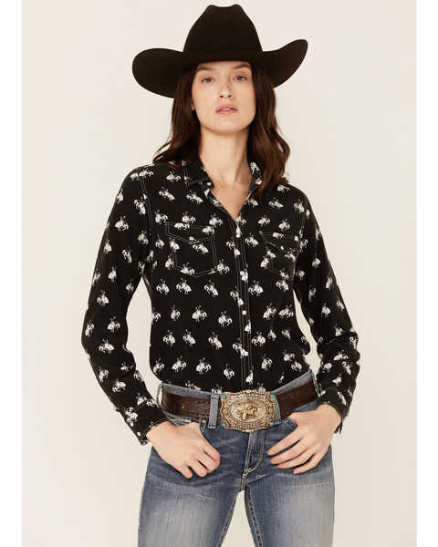 RRR Women's Bucking Horse Print Western Snap Shirt, Black, hi-res