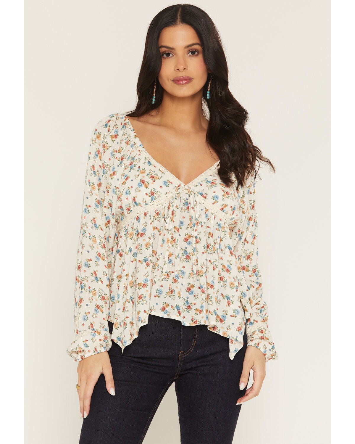 Image #1 - Wild Moss Women's Floral Print Long Sleeve Hanky Hem Top, Ivory, hi-res