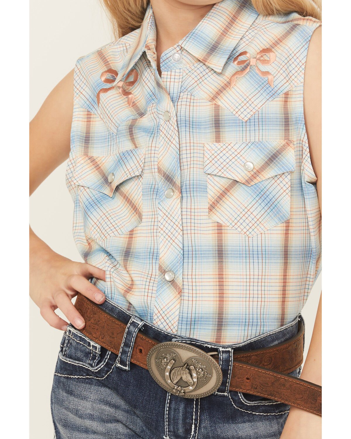 Image #3 - Ely Walker Girls' Plaid Print Sleeveless Snap Western Shirt, Blue, hi-res