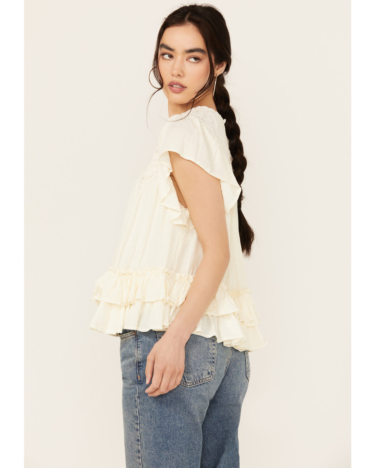 Image #2 - Miss Me Women's Sleeveless Ruffle Hem Top, Ivory, hi-res
