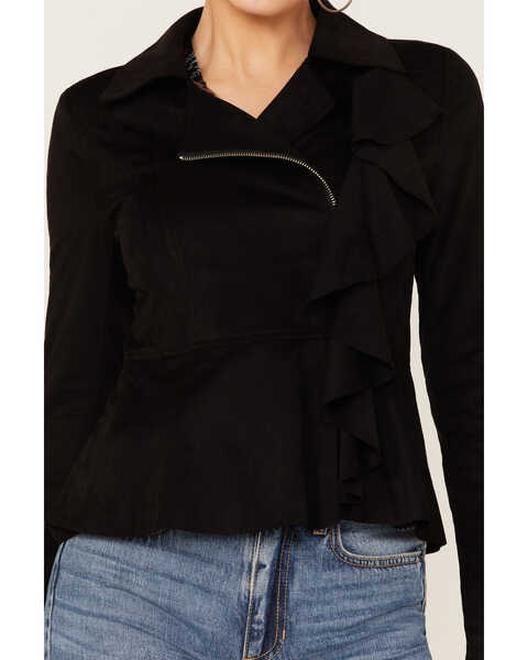 Image #3 - Shyanne Women's Ruffle Faux Suede Moto Jacket, Black, hi-res