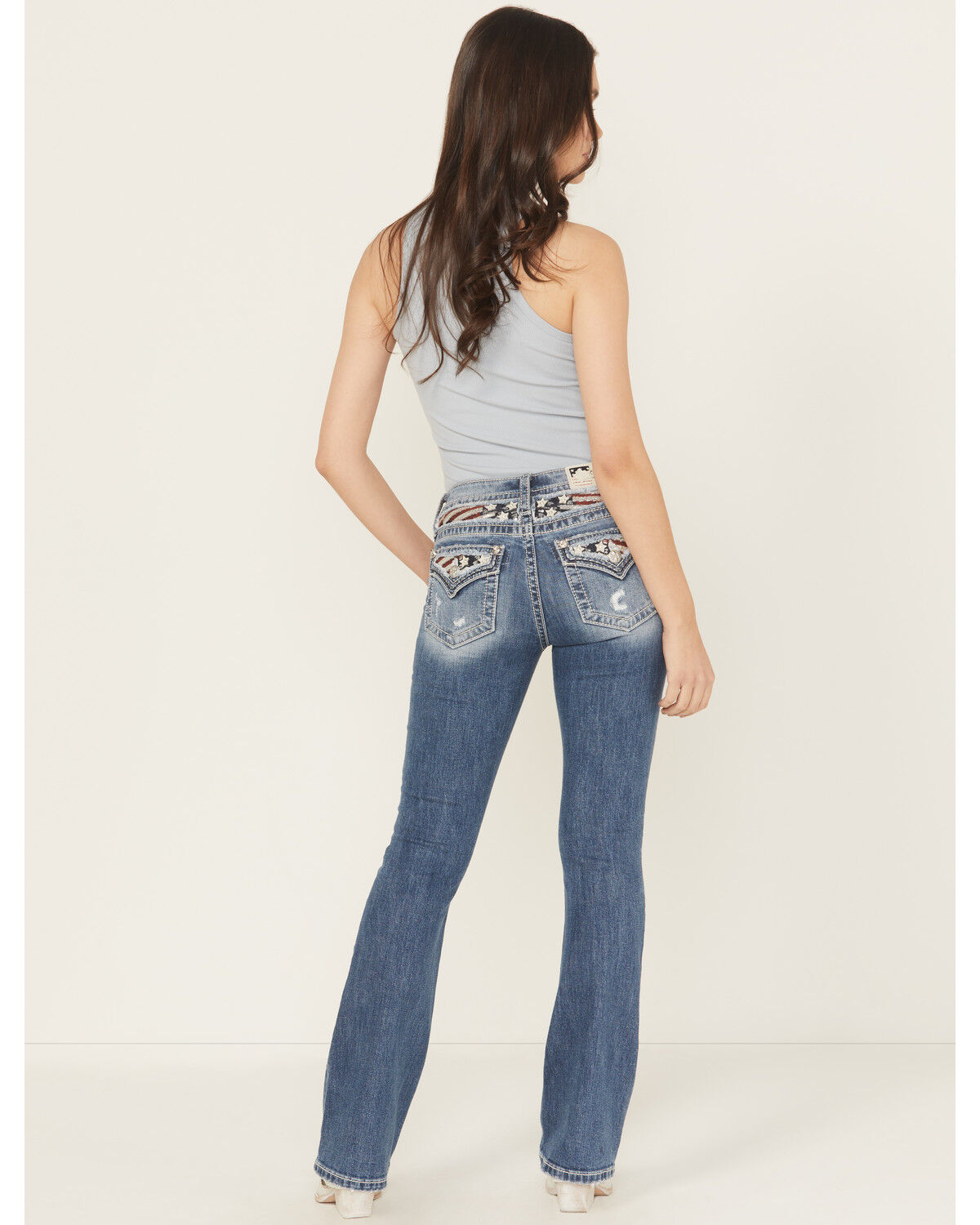 Image #1 - Miss Me Women's Medium Wash Mid Rise Americana Pocket Bootcut Stretch Denim Jeans, Medium Wash, hi-res
