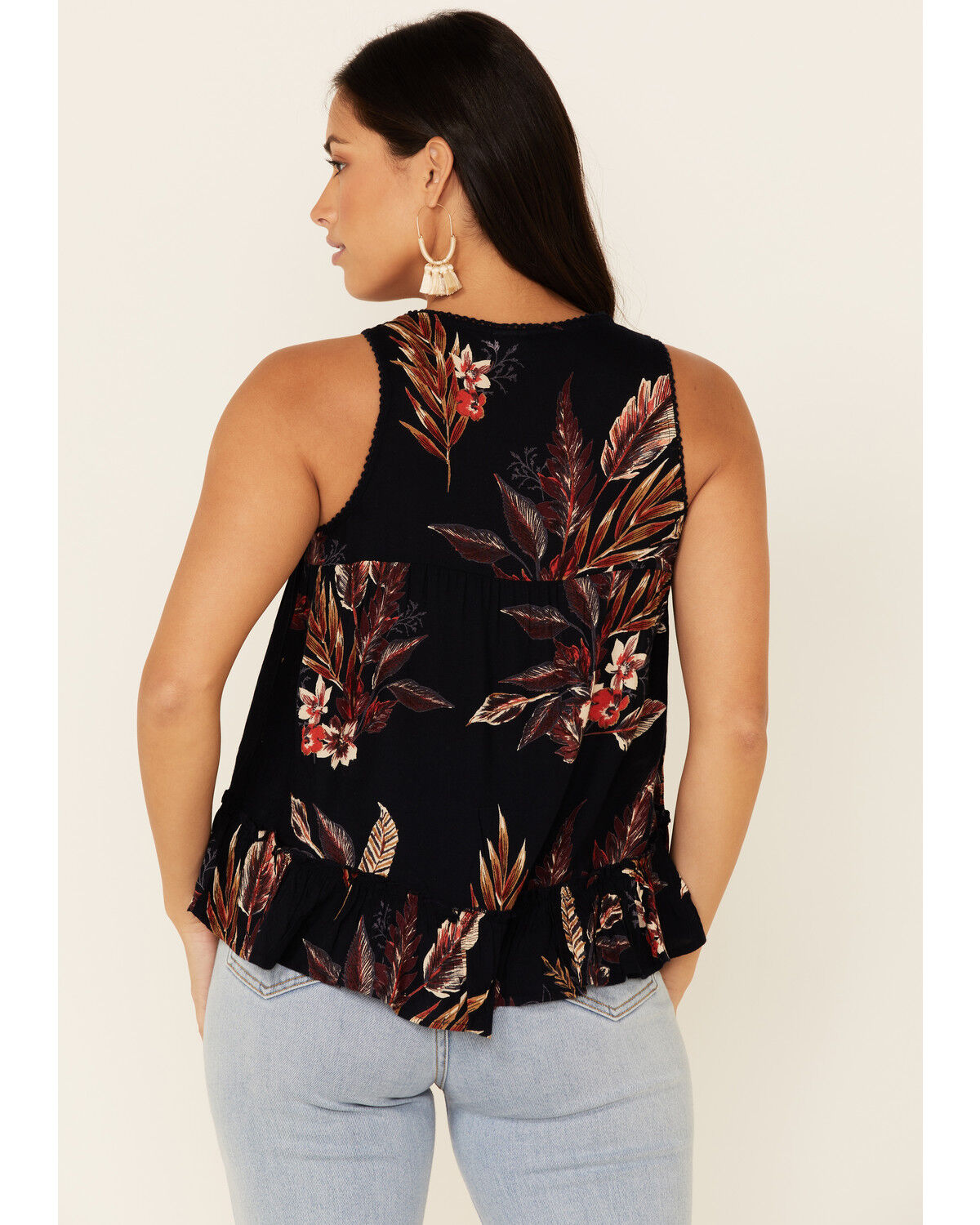 Image #4 - Patrons Of Peace Women's Floral Print Ruffle Trim Tank Top, Black, hi-res