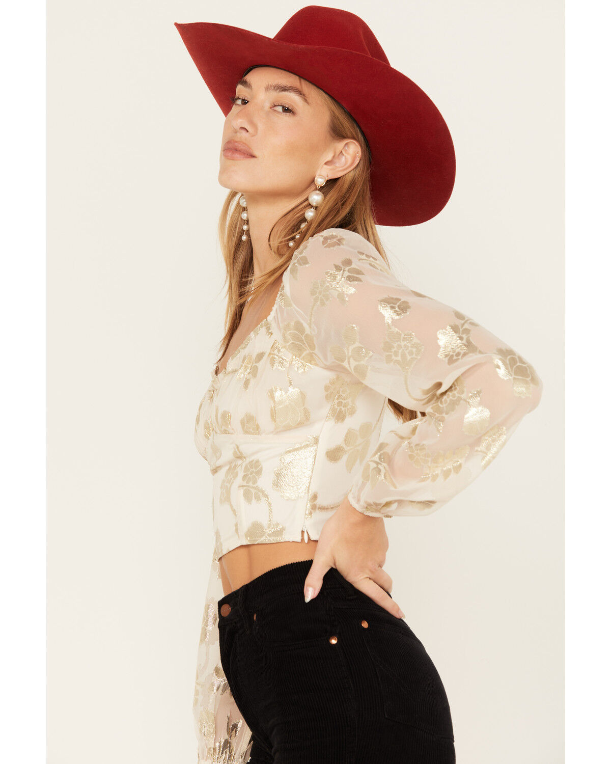 Image #2 - Sadie & Sage Women's Cham Afterglow Metallic Floral Print Crop Top, Off White, hi-res
