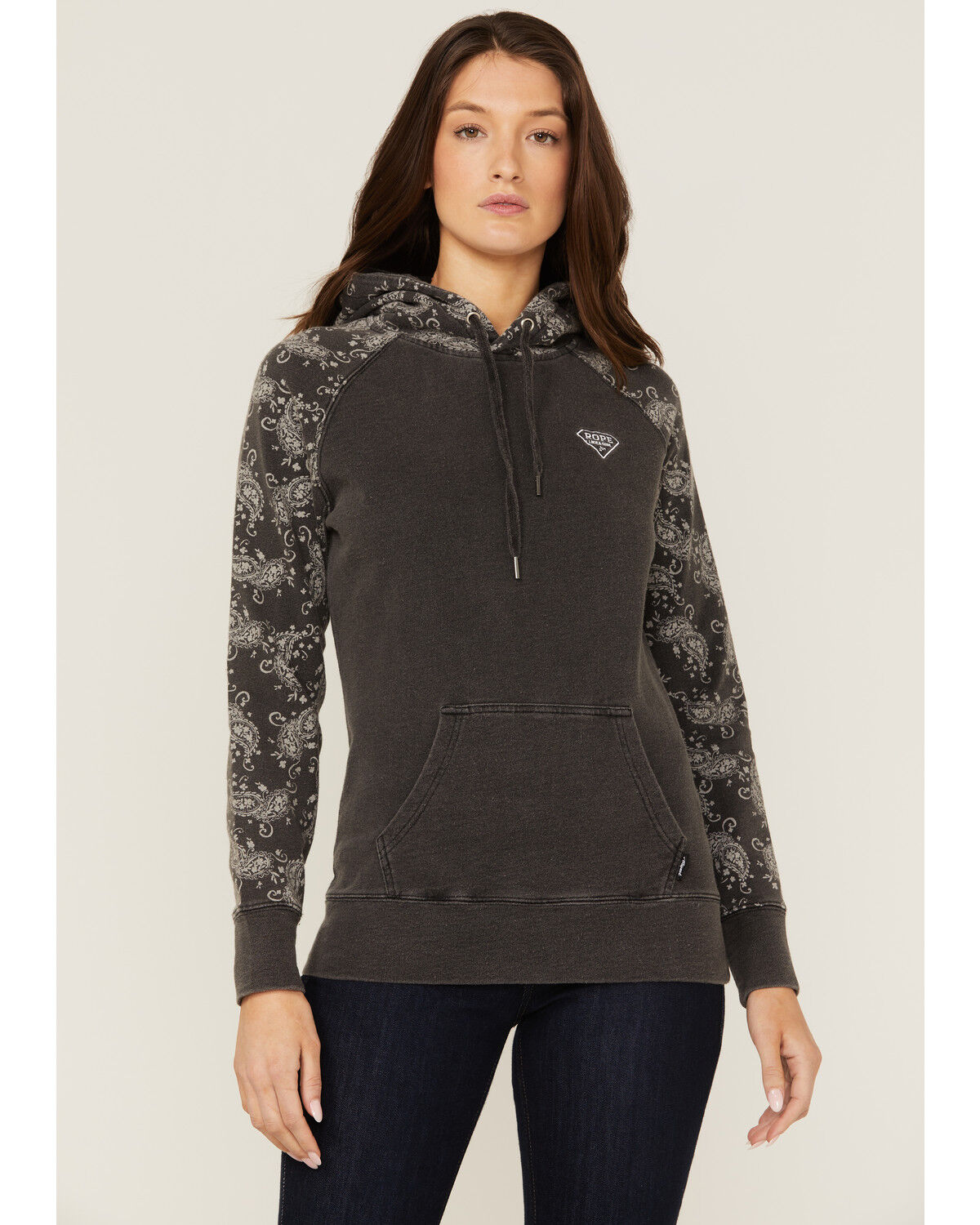 Image #1 - Hooey Women's Rope Like A Girl Bandana Print Pullover Hoodie Sweatshirt, Charcoal, hi-res