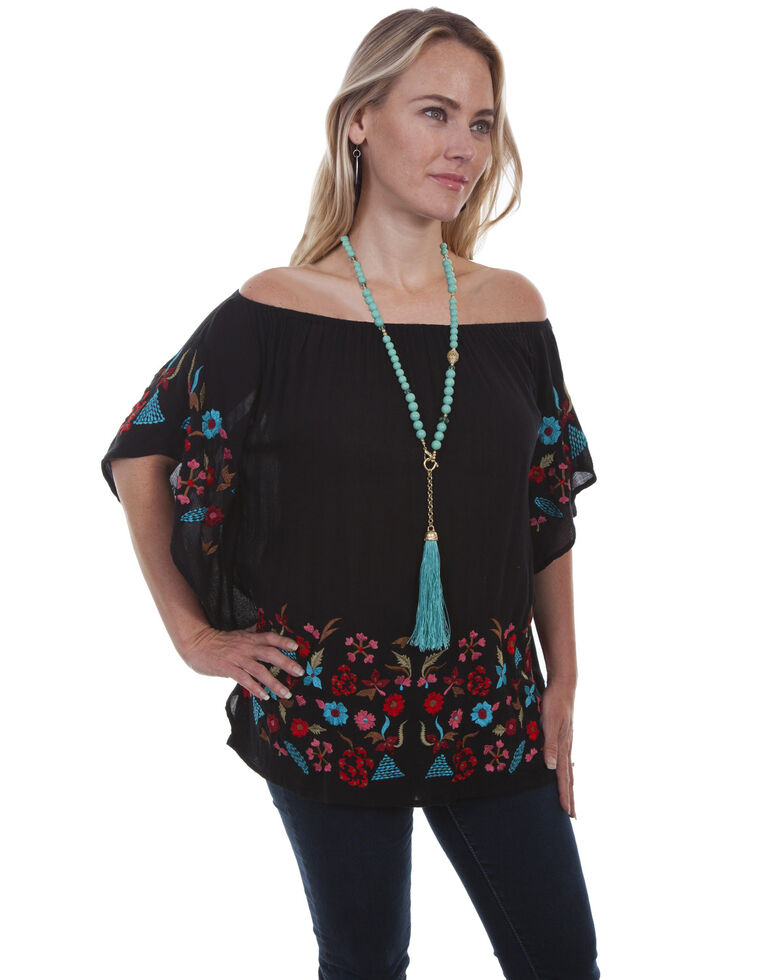 Honey Creek by Scully Women's Embroidered Cold Shoulder Blouse  , Black, hi-res