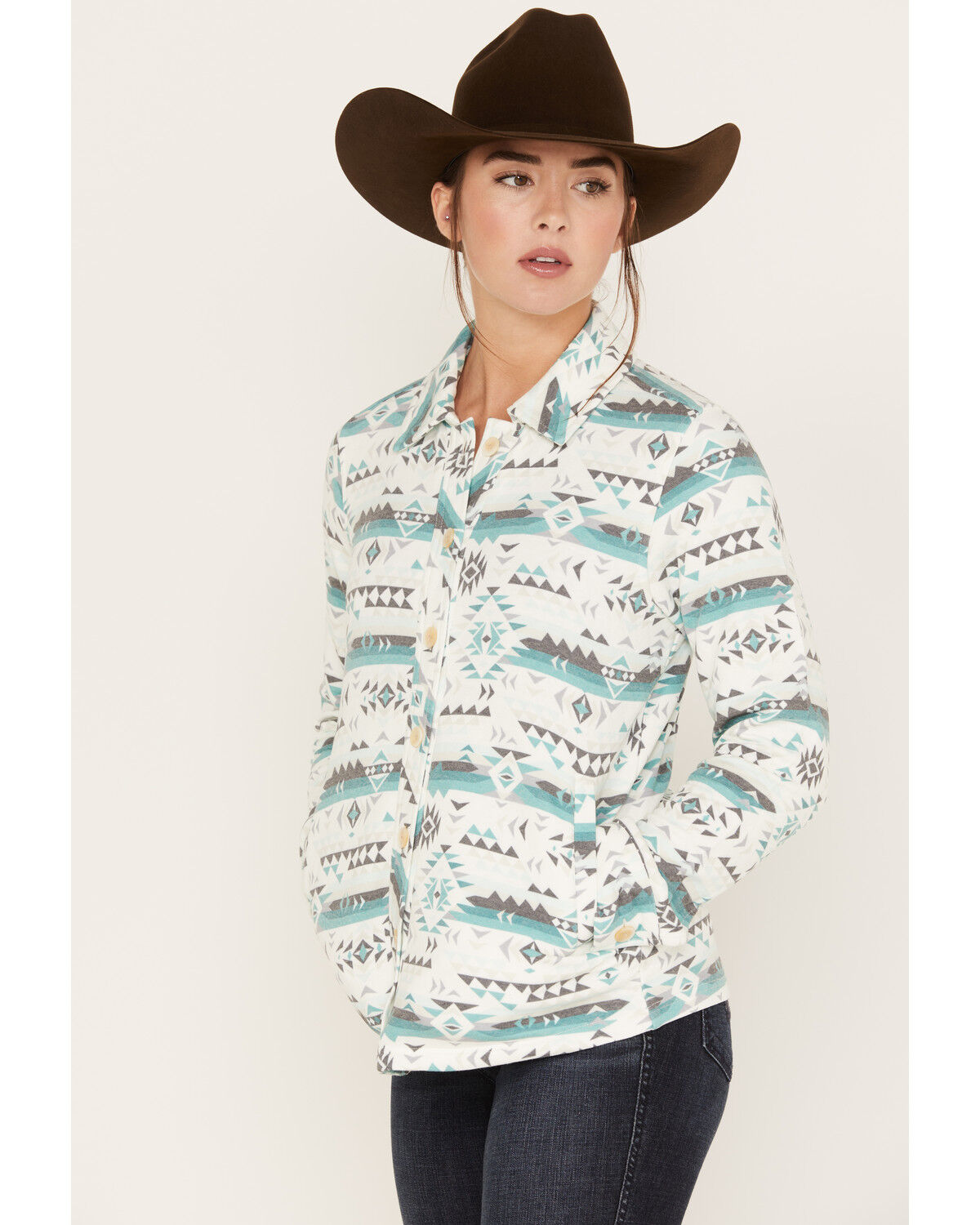 Image #2 - RANK 45® Women's Southwestern Print Quilted Shacket, Teal, hi-res