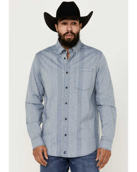 Image #1 - Cody James Men's Buckle Up Chambray Striped Button-Down Long Sleeve Stretch Western Shirt , Light Blue, hi-res
