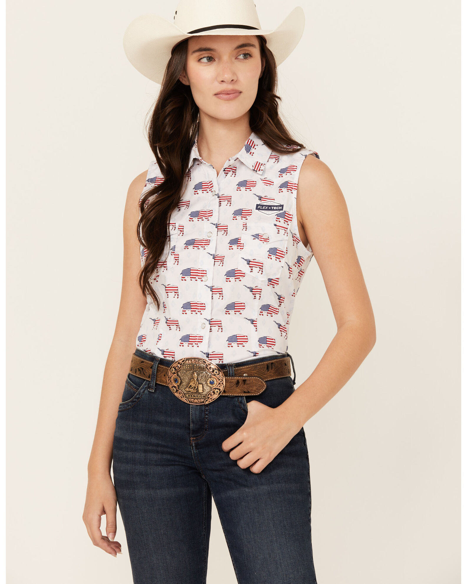 Rough Stock by Panhandle Women s American Flag Sleeveless Pearl Snap Stretch Western Shirt Country Outfitter