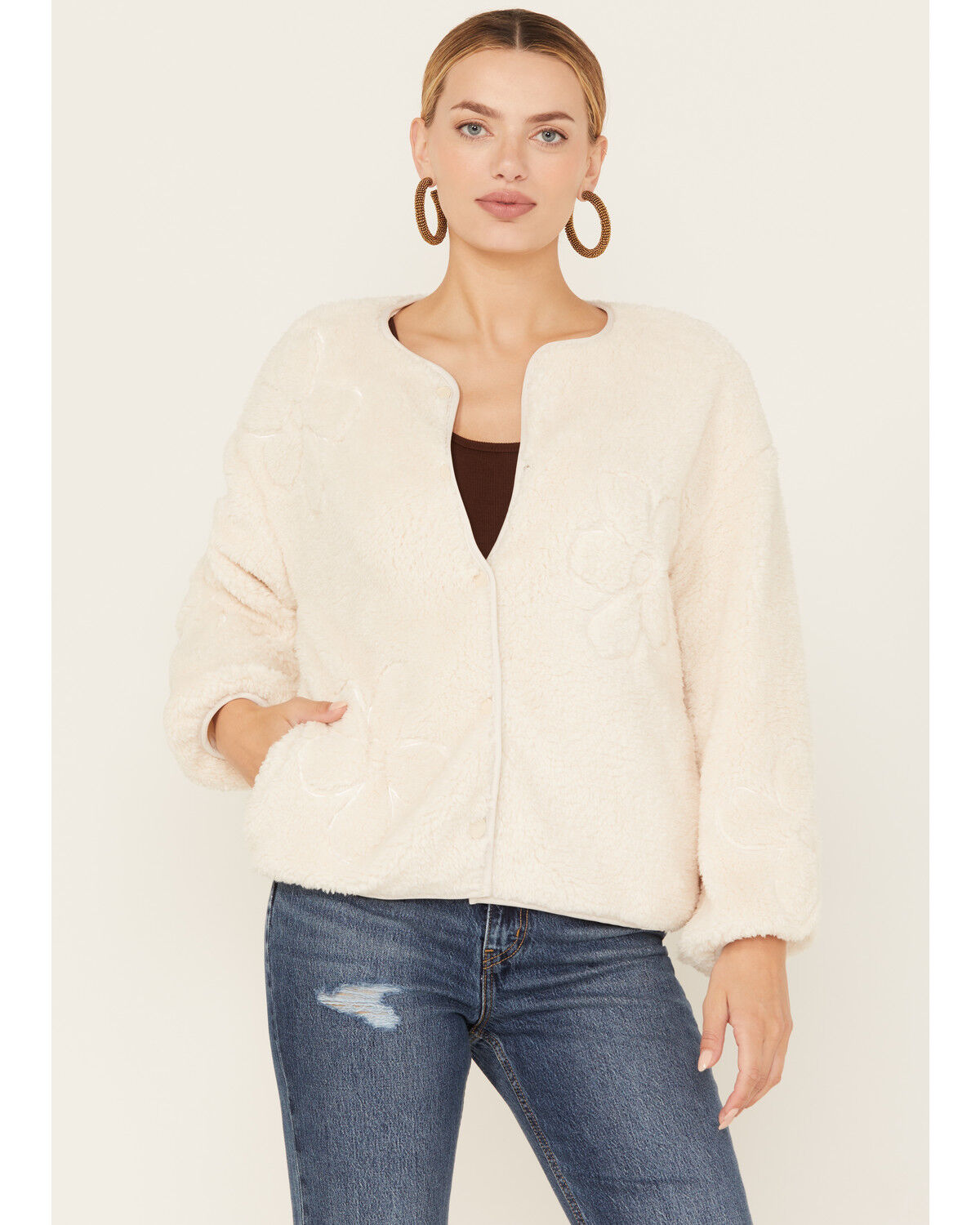 Image #1 - Sadie & Sage Women's Anna Flower Teddy Jacket Sweater, Cream, hi-res