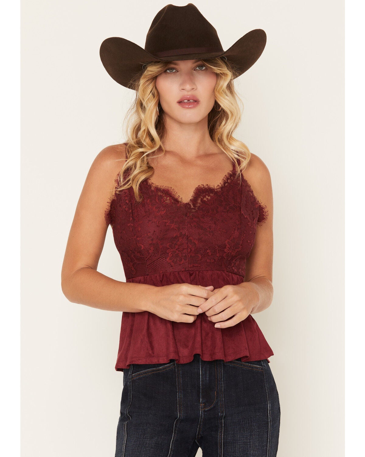 Image #1 - Shyanne Women's Stella Faux Suede Crochet Lace Tank, Maroon, hi-res