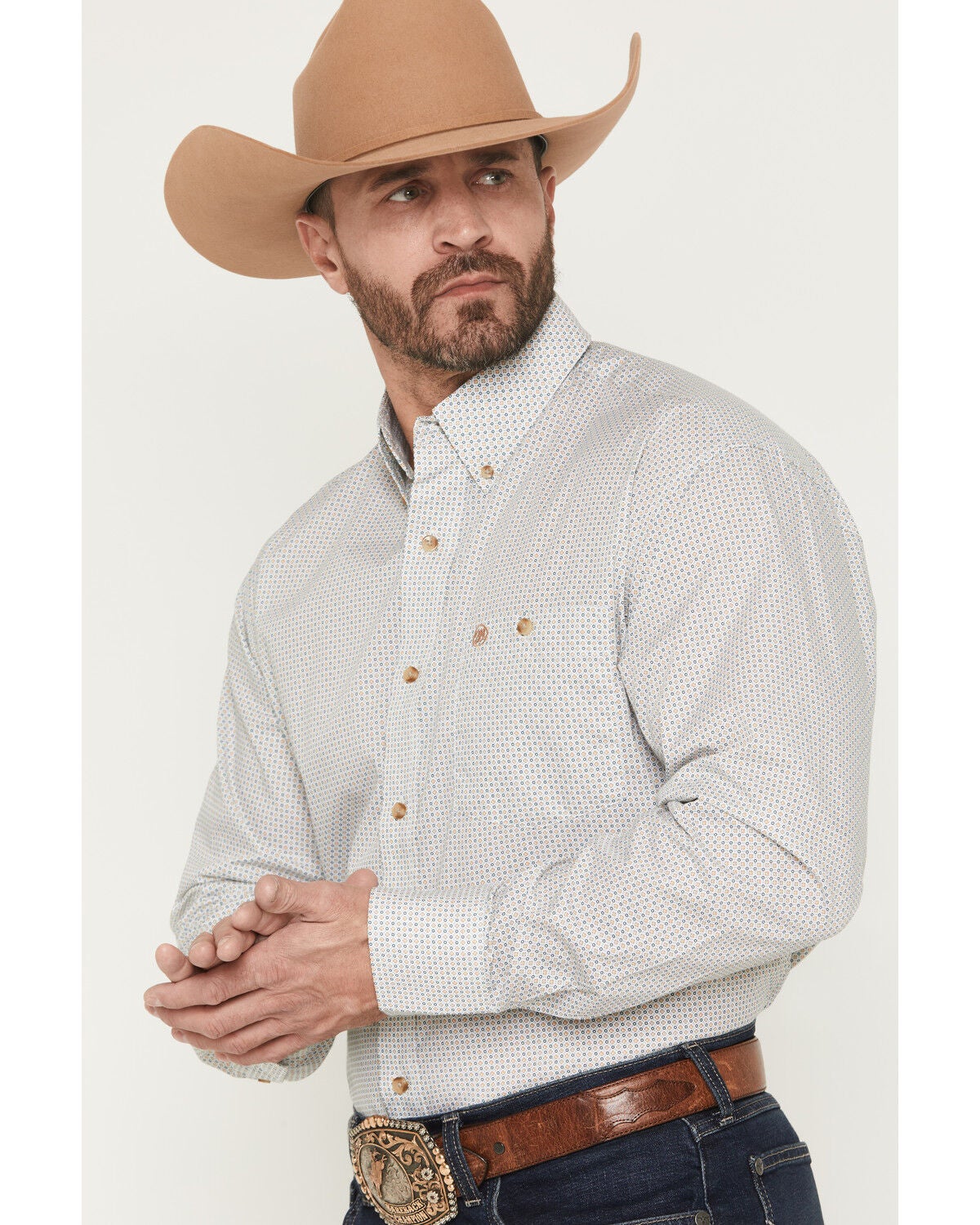 Image #2 - Wrangler Men's Classics Geo Print Long Sleeve Button-Down Western Shirt - Tall, Tan, hi-res