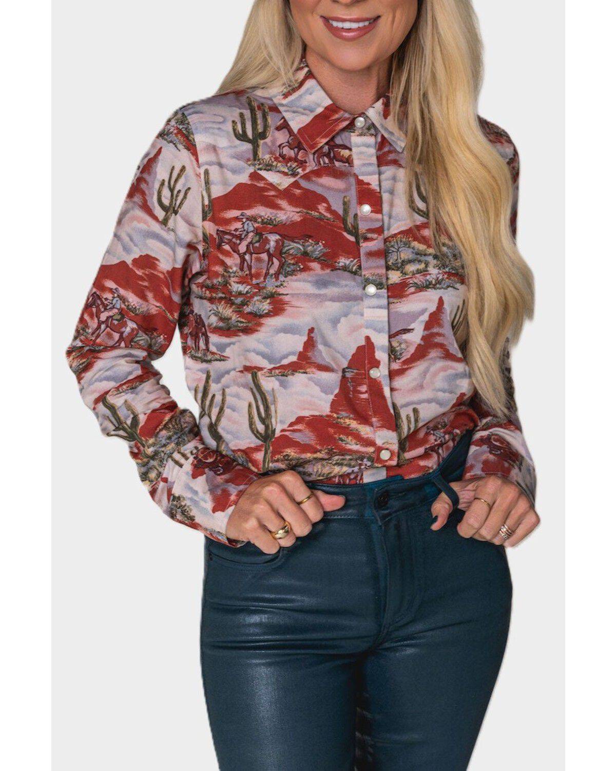 Image #1 - Lovlei Ranch Women's Cheyenne Desert Dream Long Sleeve Pearl Snap Western Shirt, Red, hi-res