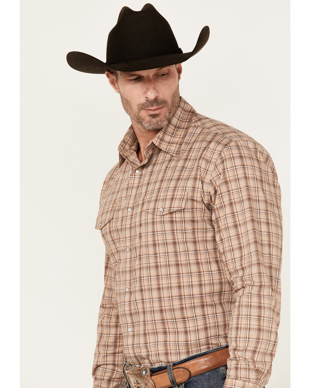 Image #2 - Wrangler Men's Wrinkle Resistant Plaid Print Long Sleeve Snap Stretch Western Shirt, Brown, hi-res