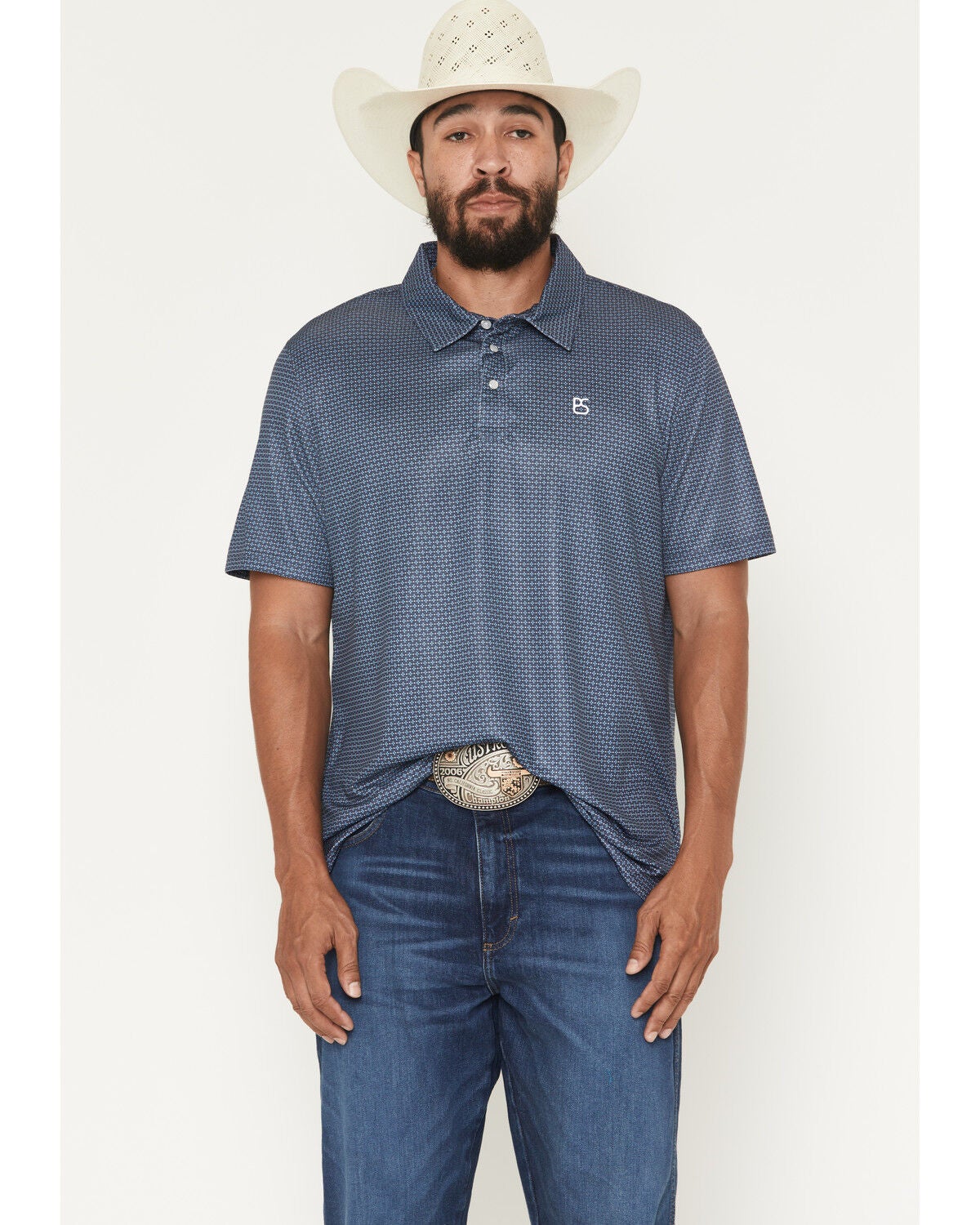 Image #1 - Panhandle Slim Men's Geo Print Short Sleeve Snap Polo Shirt, Navy, hi-res