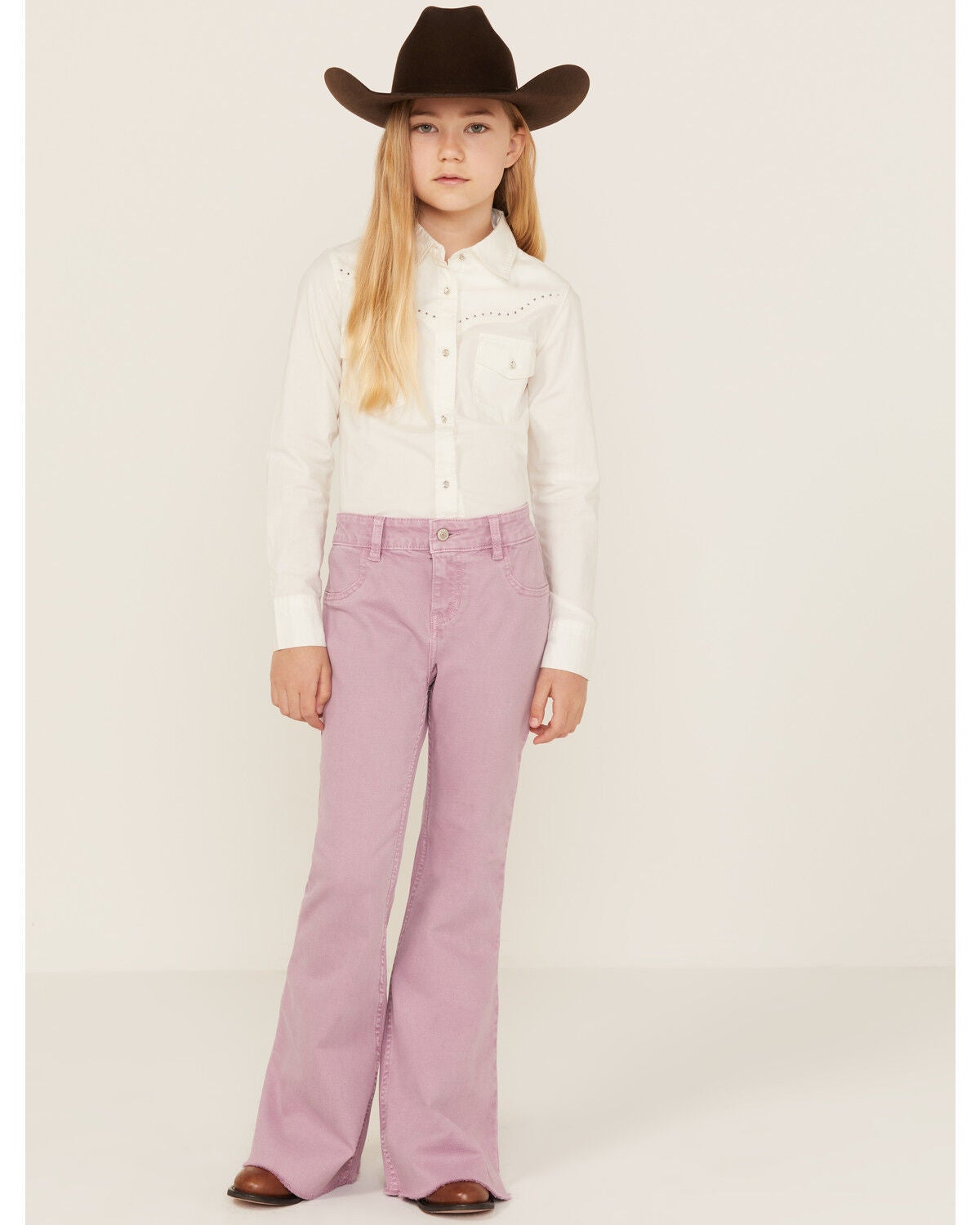 Shyanne Girls' Super Flare Distressed Hem Stretch Jeans, Lavender, hi-res