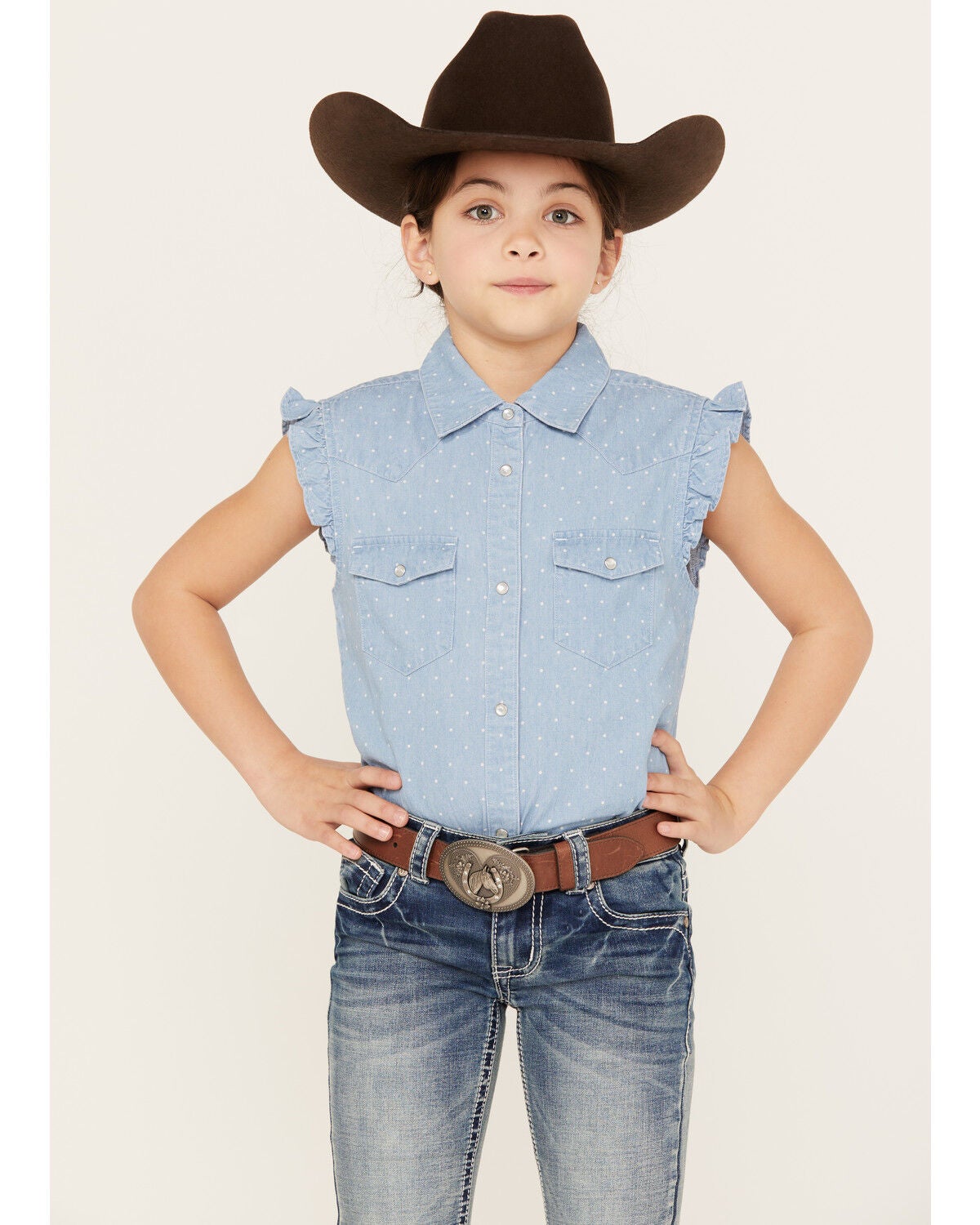 Shyanne Girls' Chambray Pearl Snap Western Shirt, Medium Blue, hi-res