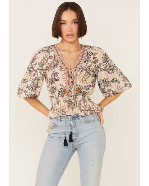 Image #1 - Angie Women's Floral Lace-Up Front Peplum Top, Taupe, hi-res