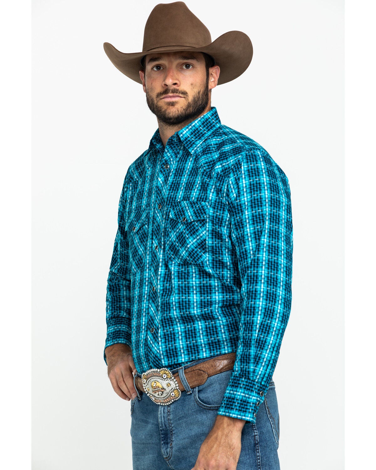 Image #3 - Wrangler Silver Edition Men's Teal Checotah Geo Print Long Sleeve Western Shirt, , hi-res