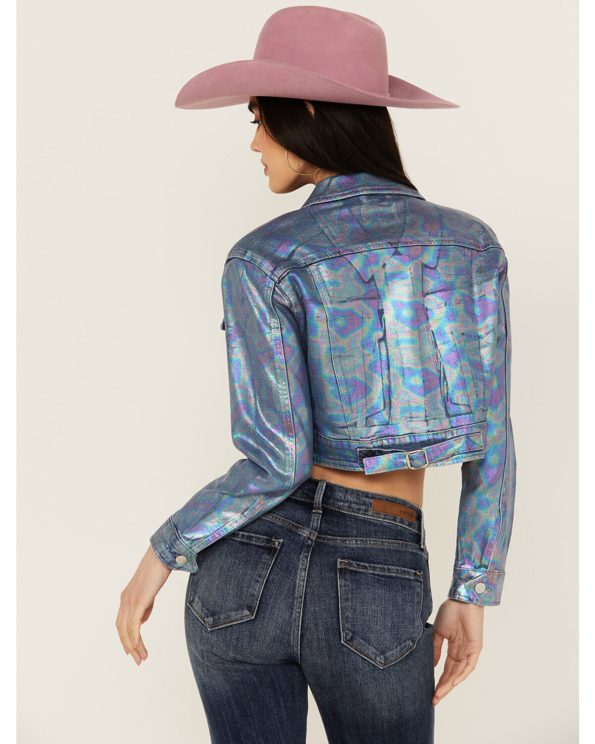 Image #4 - Vibrant Denim Women's Holographic Cropped Denim Jacket, Dark Wash, hi-res