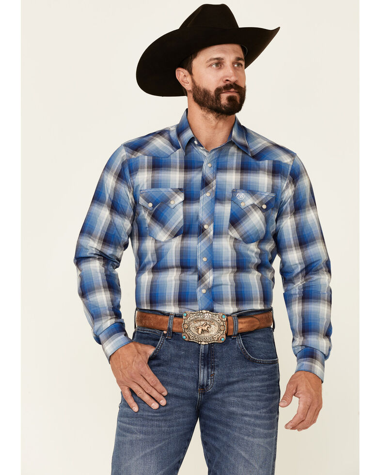 Wrangler Retro Men's Blue Small Plaid Long Sleeve Snap Western Shirt , Blue, hi-res