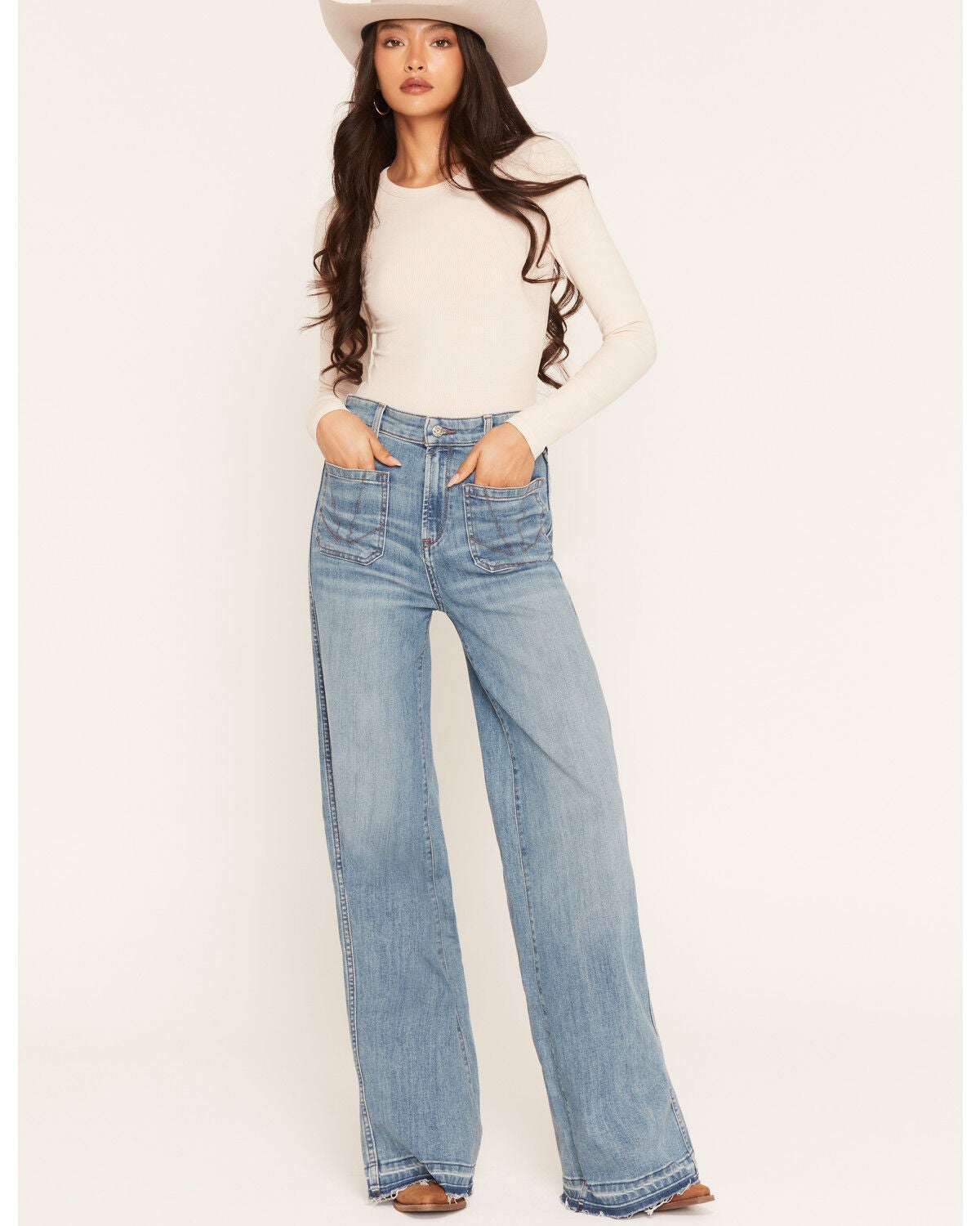 Image #1 - Ariat Women's R.E.A.L. Delaware Medium Wash High Rise Marvis Wide Leg Stretch Denim Jeans, Medium Wash, hi-res