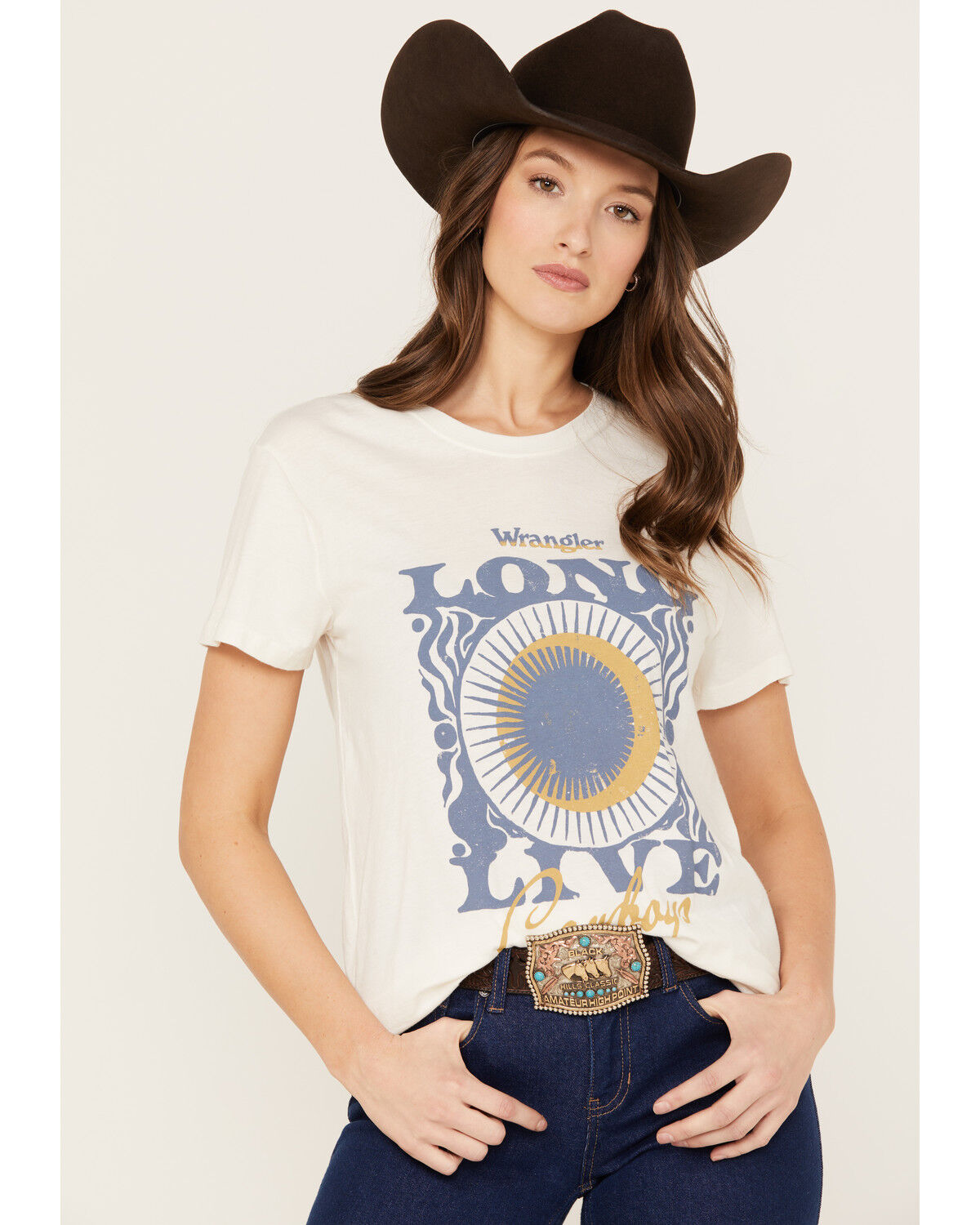 Image #1 - Wrangler Women's Long Live Cowboys Short Sleeve Graphic Tee, White, hi-res