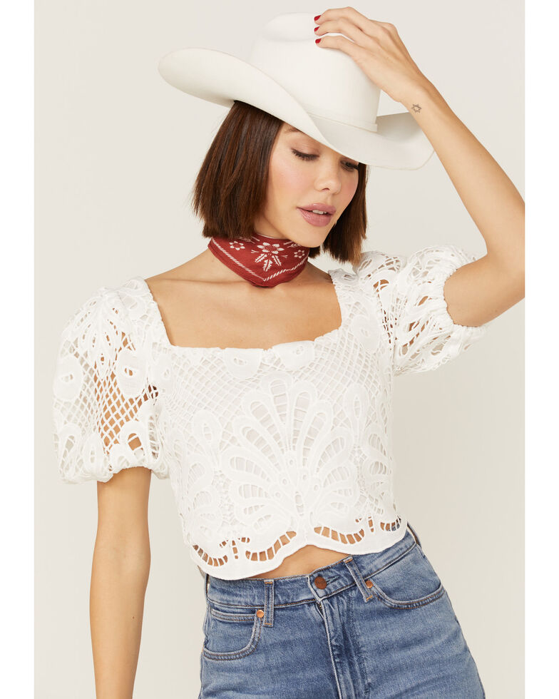 Flying Tomato Women's Cropped Lace White Blouse, White, hi-res