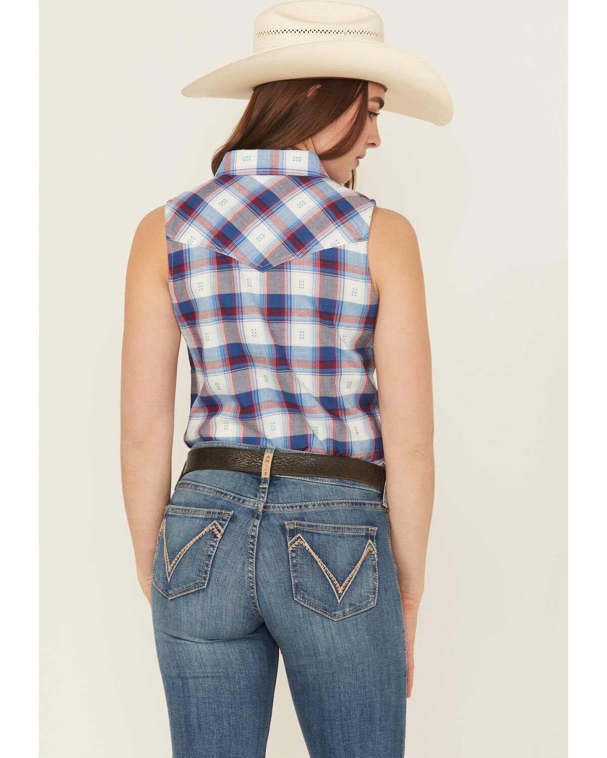 Image #4 - Shyanne Women's Dobby Plaid Print Sleeveless Snap Western Shirt, Indigo, hi-res