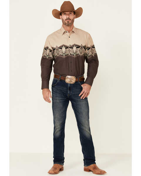 Image #2 - Panhandle Men's Brown Southwestern Longhorn Border Print Long Sleeve Snap Western Shirt , , hi-res