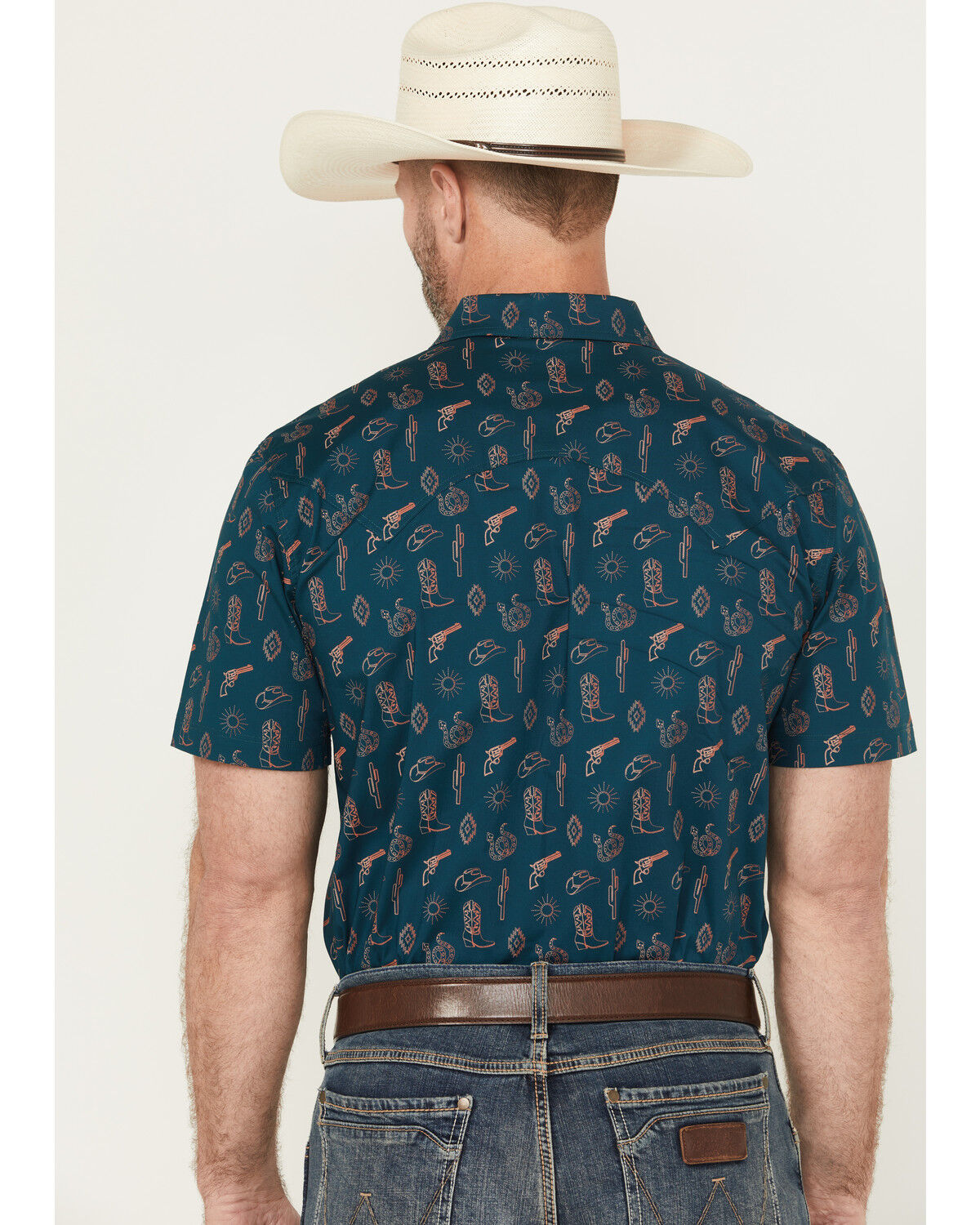 Image #4 - Rock & Roll Denim Men's Cowboy Print Short Sleeve Snap Stretch Western Shirt, Teal, hi-res