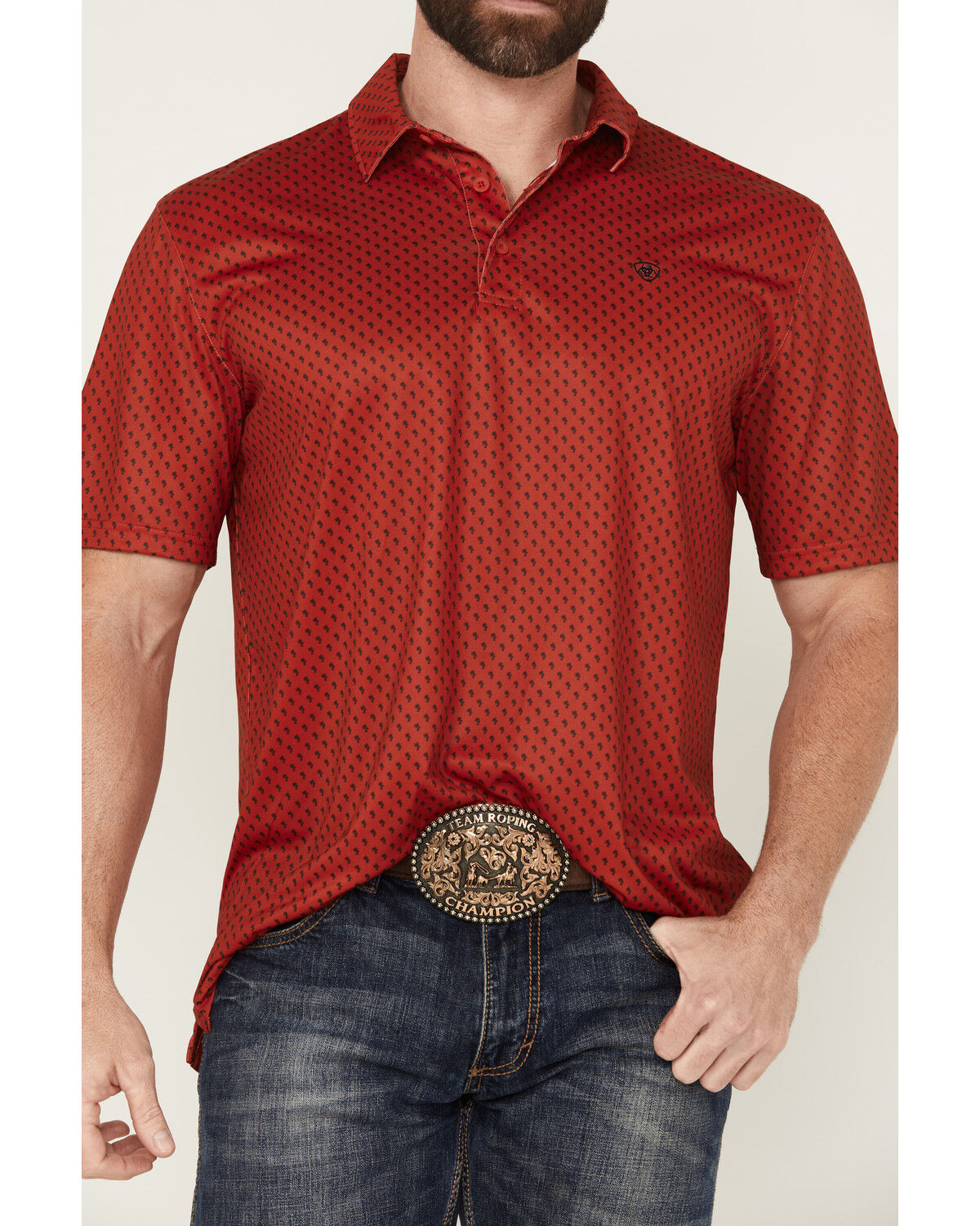 Image #3 - Ariat Men's Palm Tree Print Short Sleeve Polo, Red, hi-res