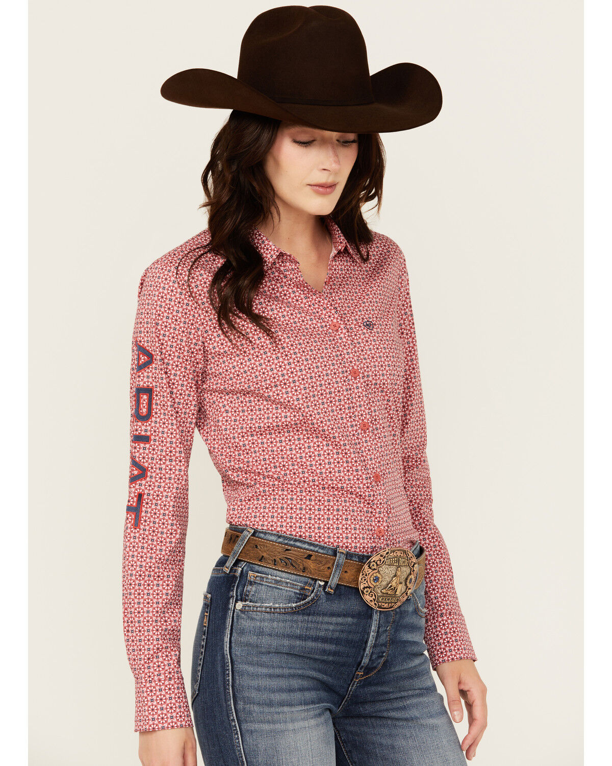 Image #1 - Ariat Women's Boot Barn Exclusive Team Kirby Medallion Print Long Sleeve Button-Down Stretch Western Shirt, Rose, hi-res
