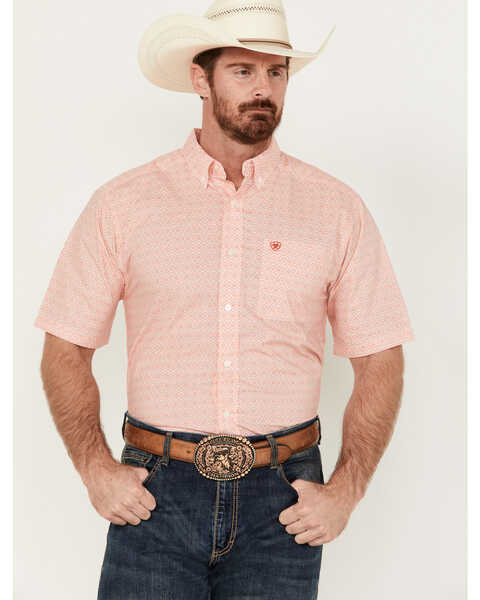 Ariat Men's Kamden Geo Medallion Print Short Sleeve Button-Down Western Shirt , Coral, hi-res
