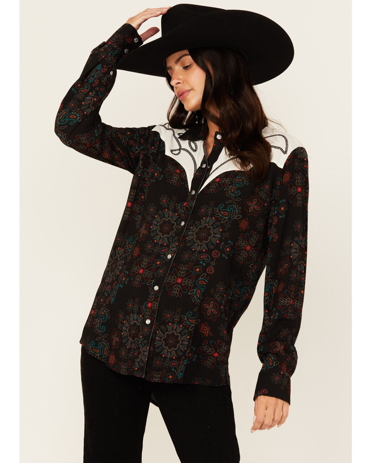 Image #1 - Panhandle Women's Floral Print Embroidered Long Sleeve Snap Western Shirt, Black, hi-res