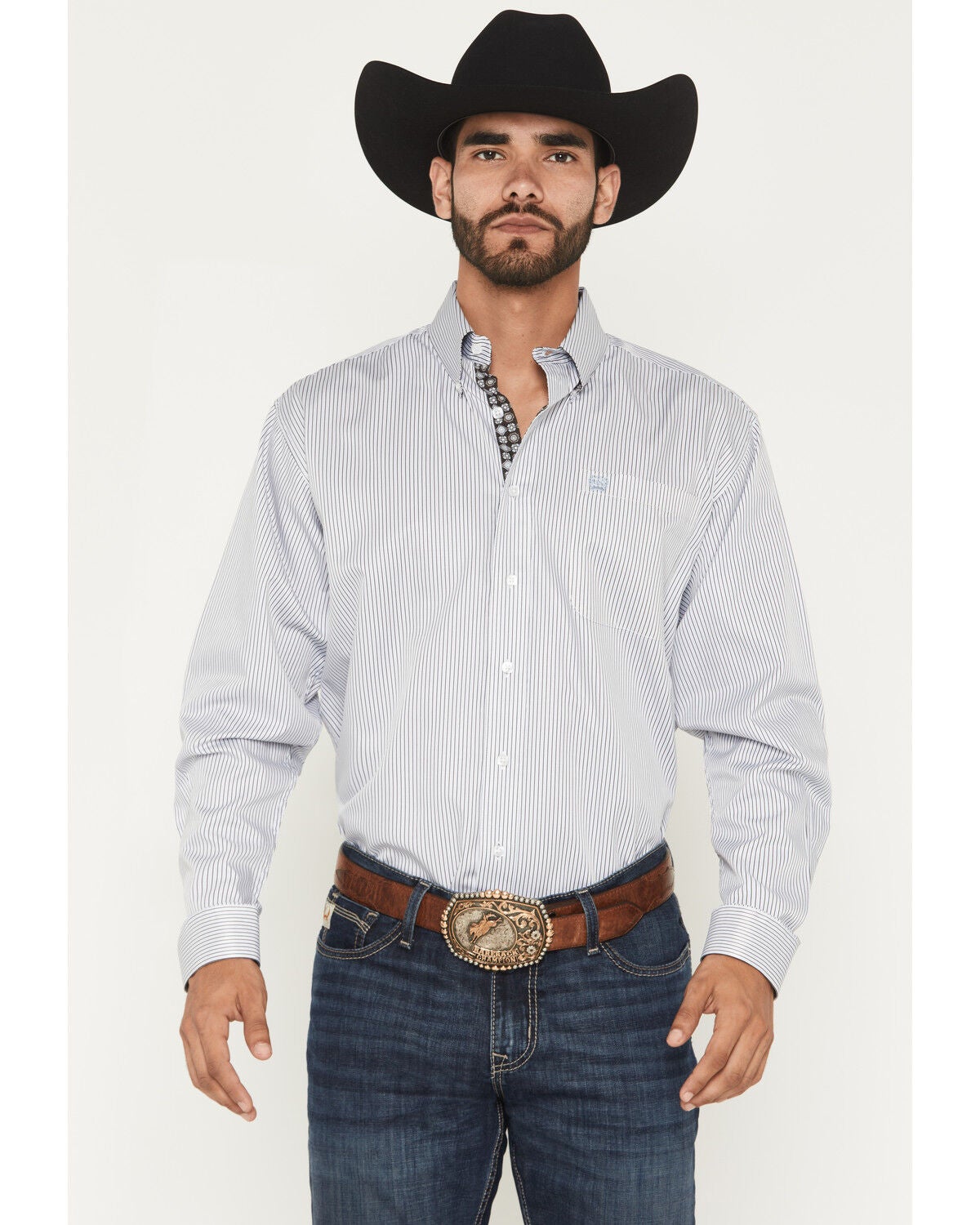 Image #1 - Cinch Men's Striped Print Tencel Long Sleeve Button-Down Western Shirt, White, hi-res