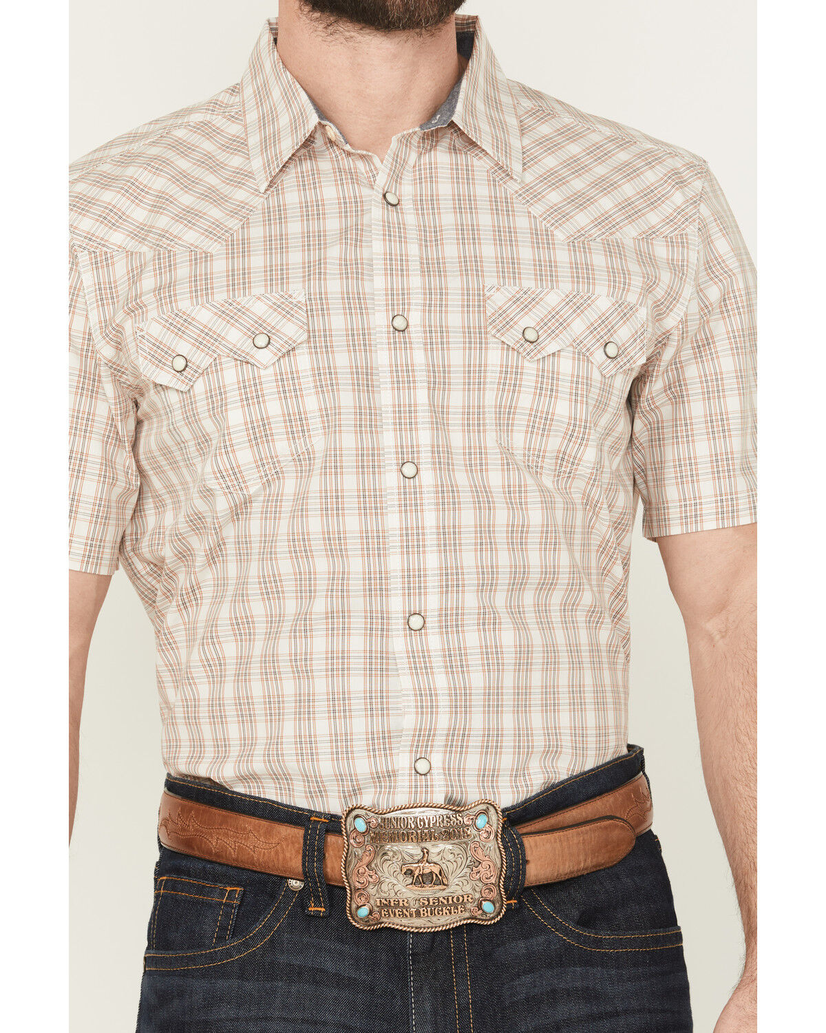 Image #3 - Cody James Men's Rangewear Plaid Print Short Sleeve Snap Western Shirt, Cream, hi-res