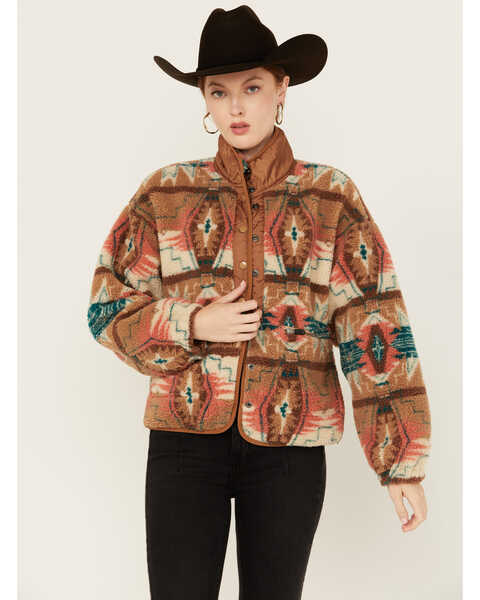 Panhandle Women's Southwestern Print Sherpa Jacket , Tan, hi-res