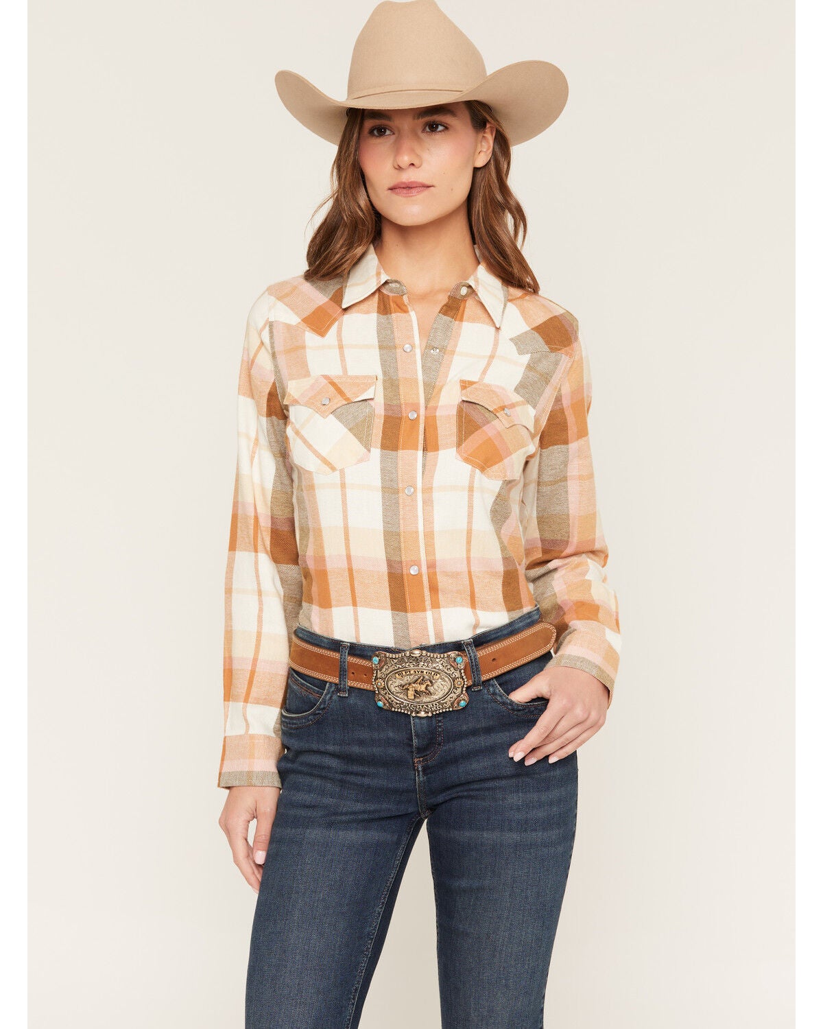 Image #1 - Wrangler Retro Women's Boot Barn Exclusive Plaid Print Long Sleeve Pearl Snap Flannel Shirt, Multi, hi-res