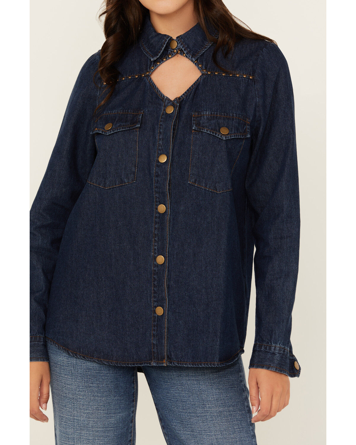 Image #3 - Blue B Women's Dark Wash Studded Keyhole Long Sleeve Snap Denim Shirt, Blue, hi-res