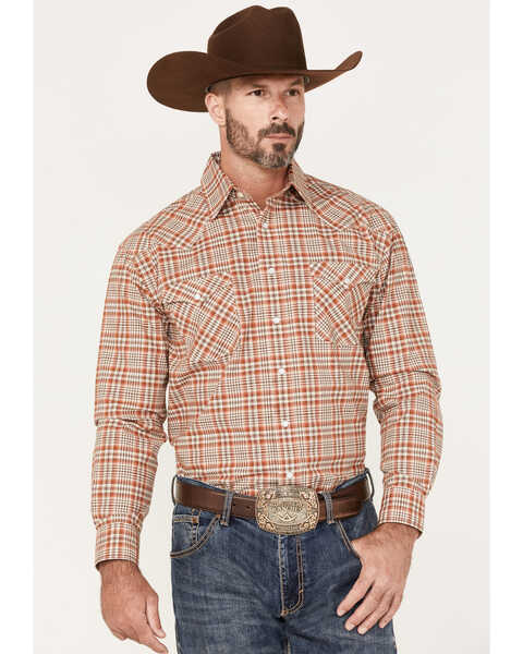 Rough Stock by Panhandle Men's Plaid Print Long Sleeve Pearl Snap Western Shirt, Rust Copper, hi-res
