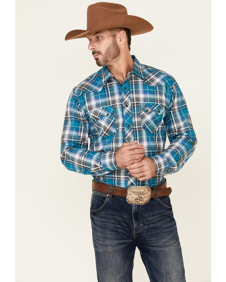 Wrangler Retro Men's Teal Small Plaid Long Sleeve Snap Western Shirt , Teal, hi-res