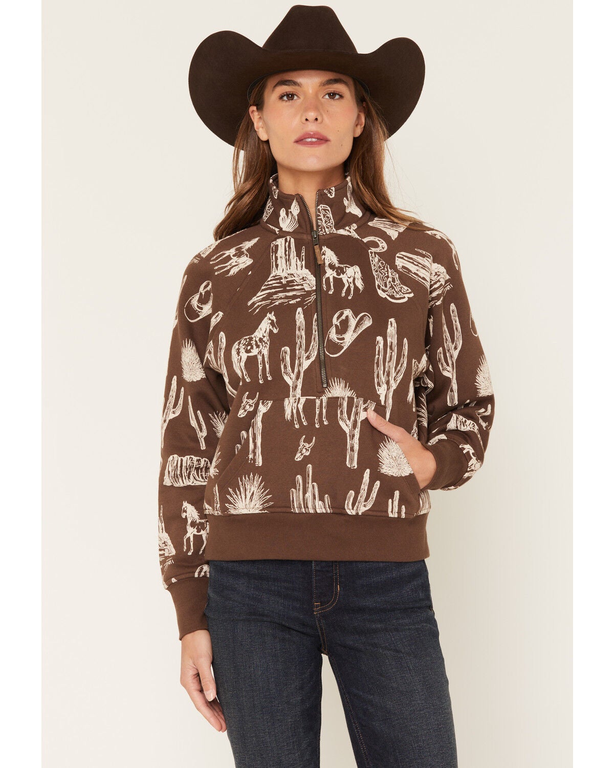 Image #1 - Shyanne Women's Kate Conversation Print 1/2 Zip Pullover, Mahogany, hi-res