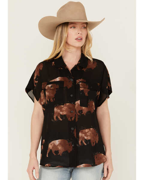 Image #1 - Ariat Women's Badland Buffalo Print Short Sleeve Button-Down Shirt, Black, hi-res