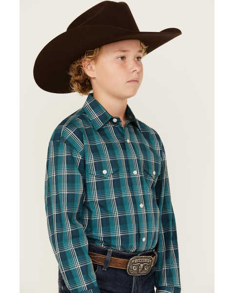 Image #2 - Panhandle Select Boys' Plaid Print Long Sleeve Pearl Snap Western Shirt, Teal, hi-res