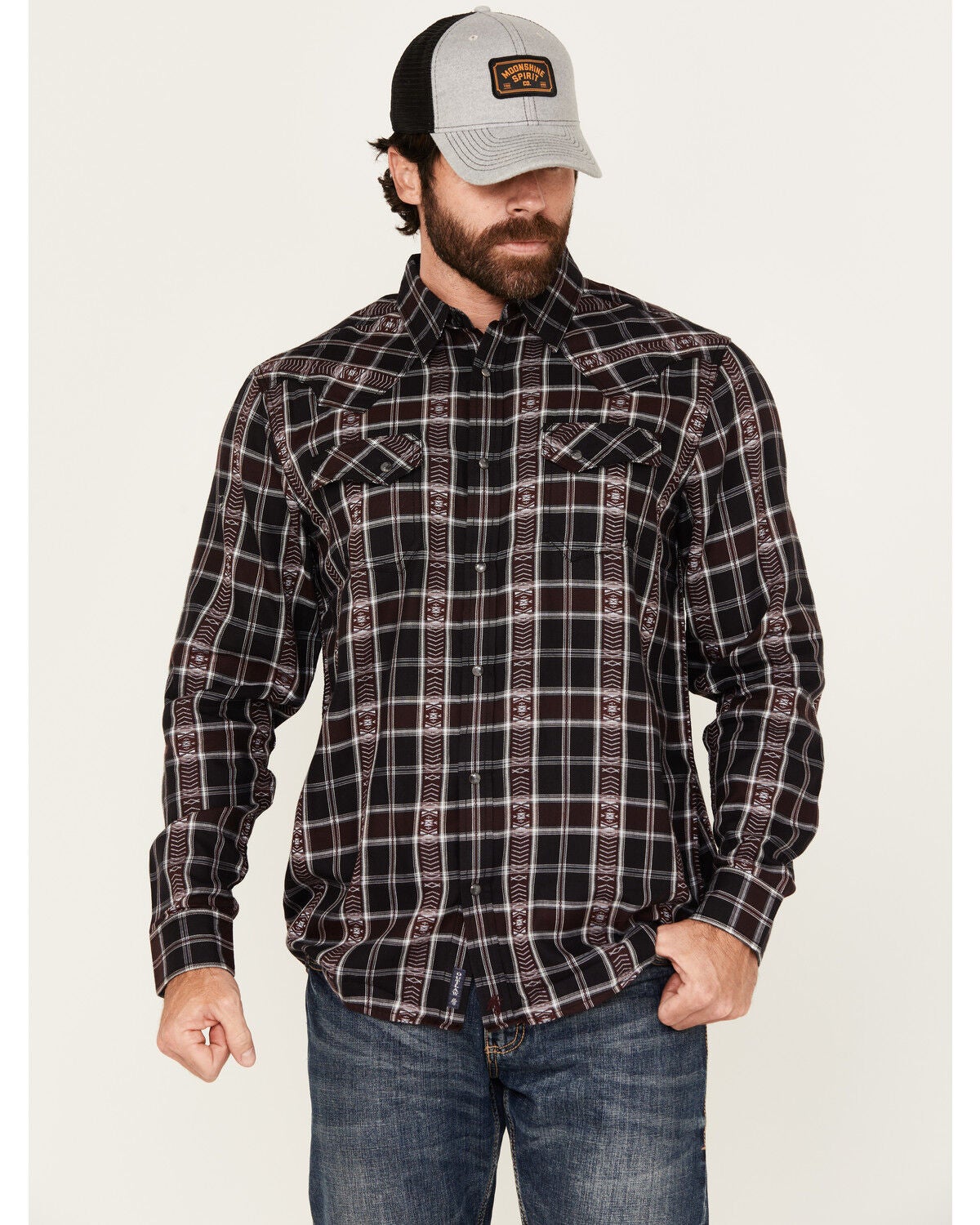 Moonshine Spirit&reg; Men's Dobby Plaid Print Long Sleeve Snap Wester Shirt, Black, hi-res