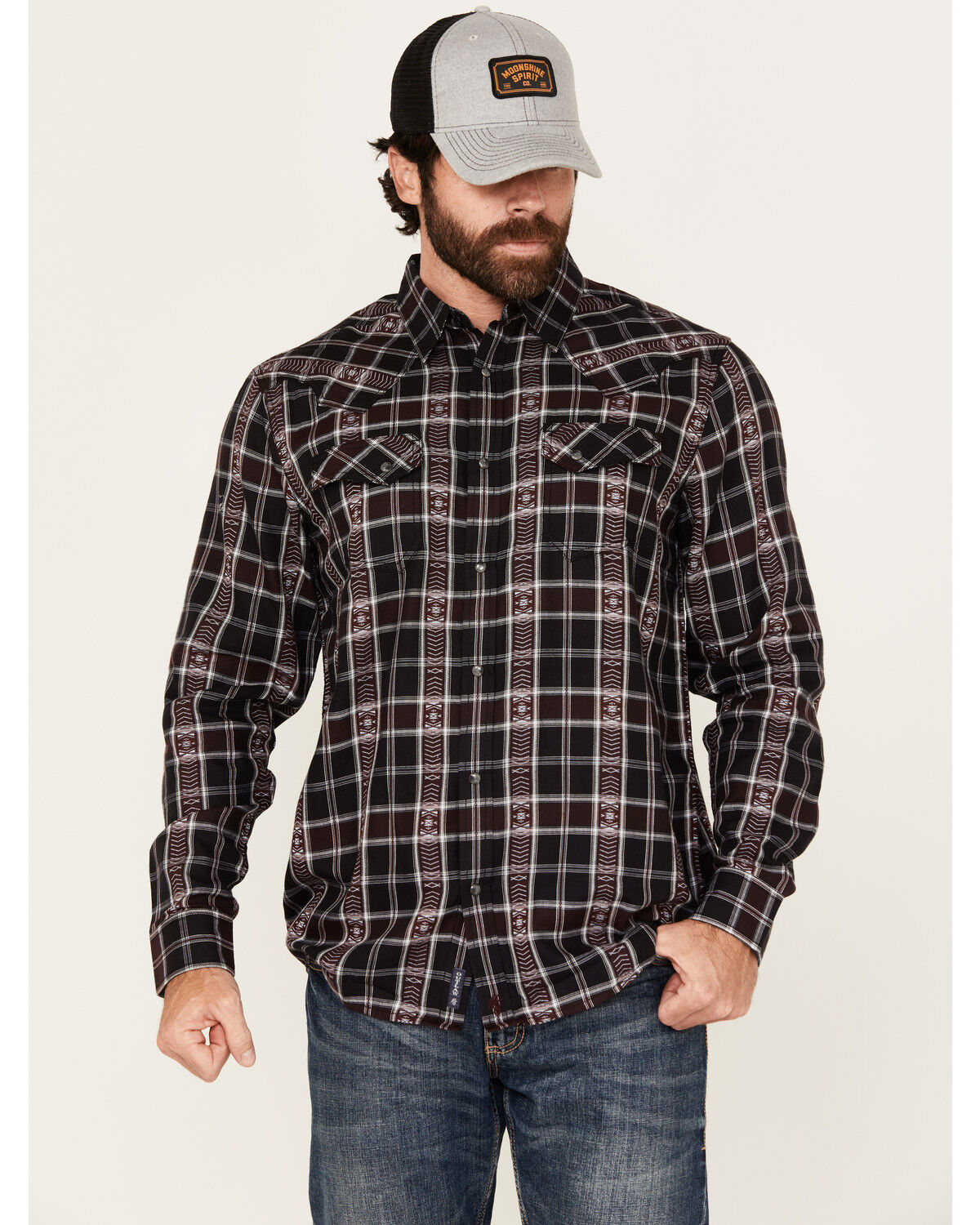 Image #1 - Moonshine Spirit Men's Dobby Plaid Print Long Sleeve Snap Wester Shirt, Black, hi-res