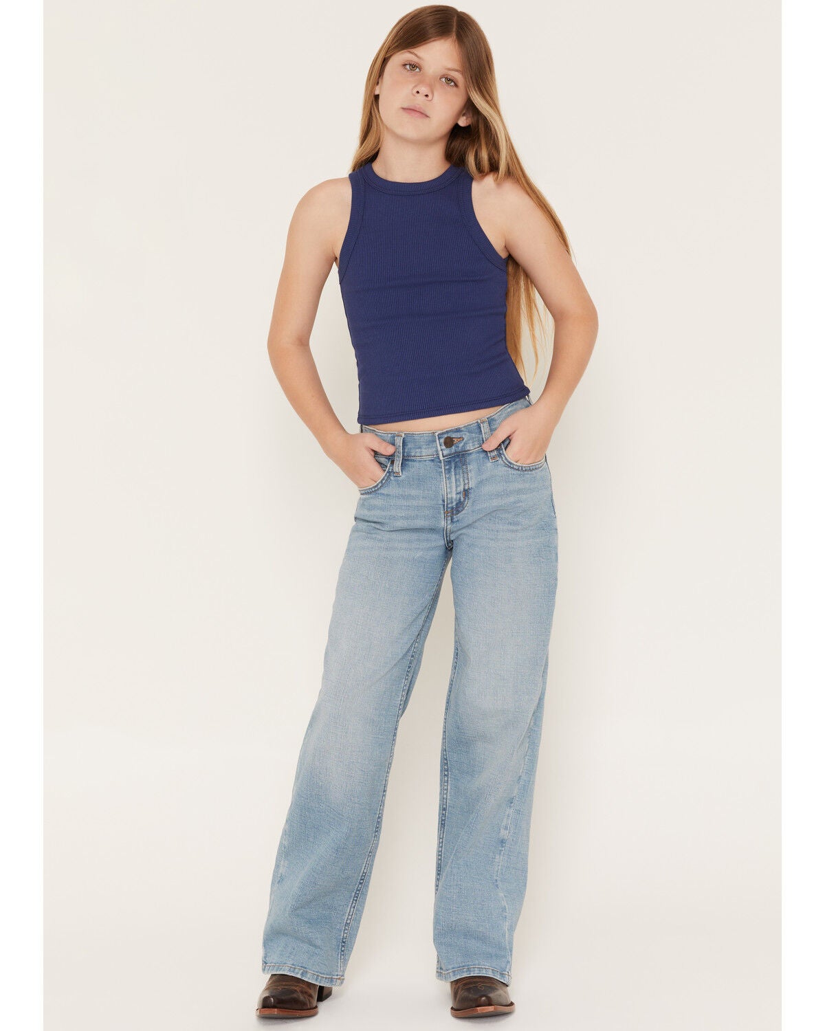 Image #1 - Wrangler Girls' Light Wash Carla Wide Leg Stretch Denim Jeans, Light Wash, hi-res