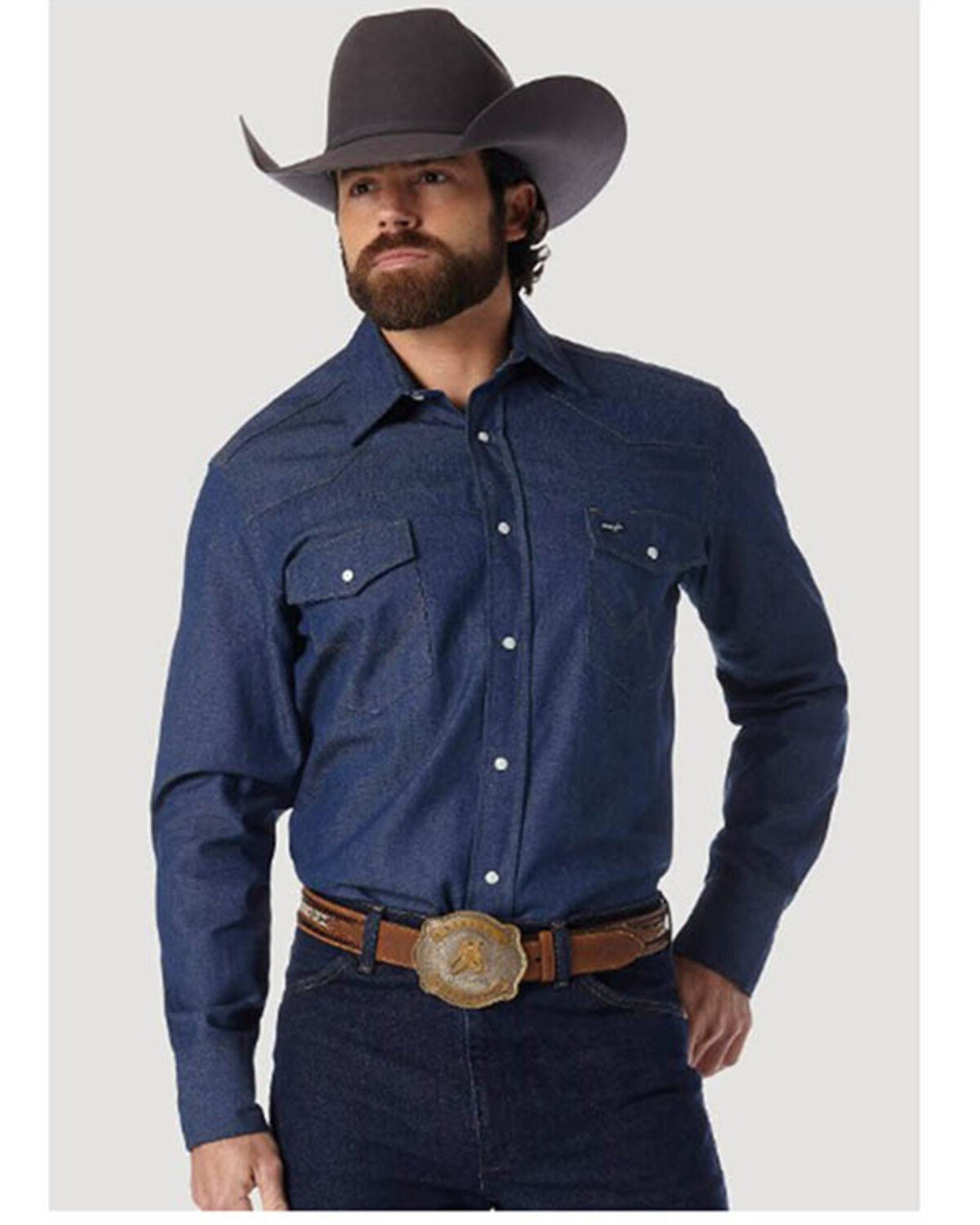 Wrangler Men's Cowboy Cut Rigid Denim Western Work Shirt, Denim, hi-res