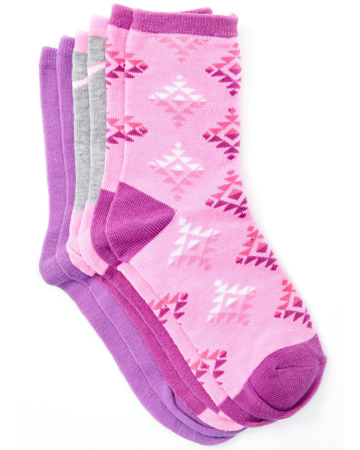 Image #1 - Leg Apparel Kids' 3-Pack Pink & Purple Desert Life Southwestern Longhorn Crew Socks, Purple, hi-res